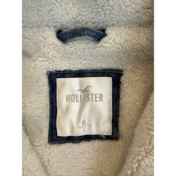 Hollister Faux Sherpa Lined Denim Jacket Blue Jean Coat Fur Collar Womens XL - Picture 3 of 6